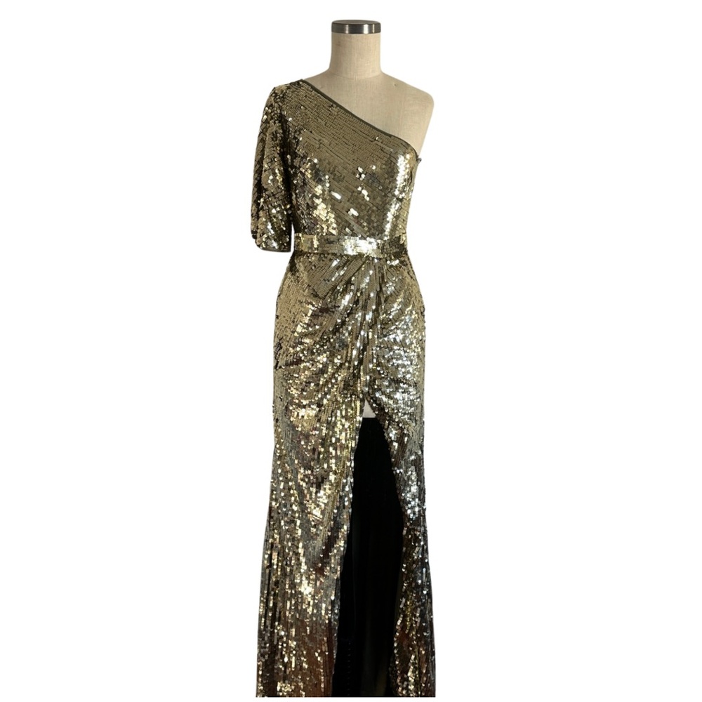 MacDuggal gold sequin one shoulder gown - size 6